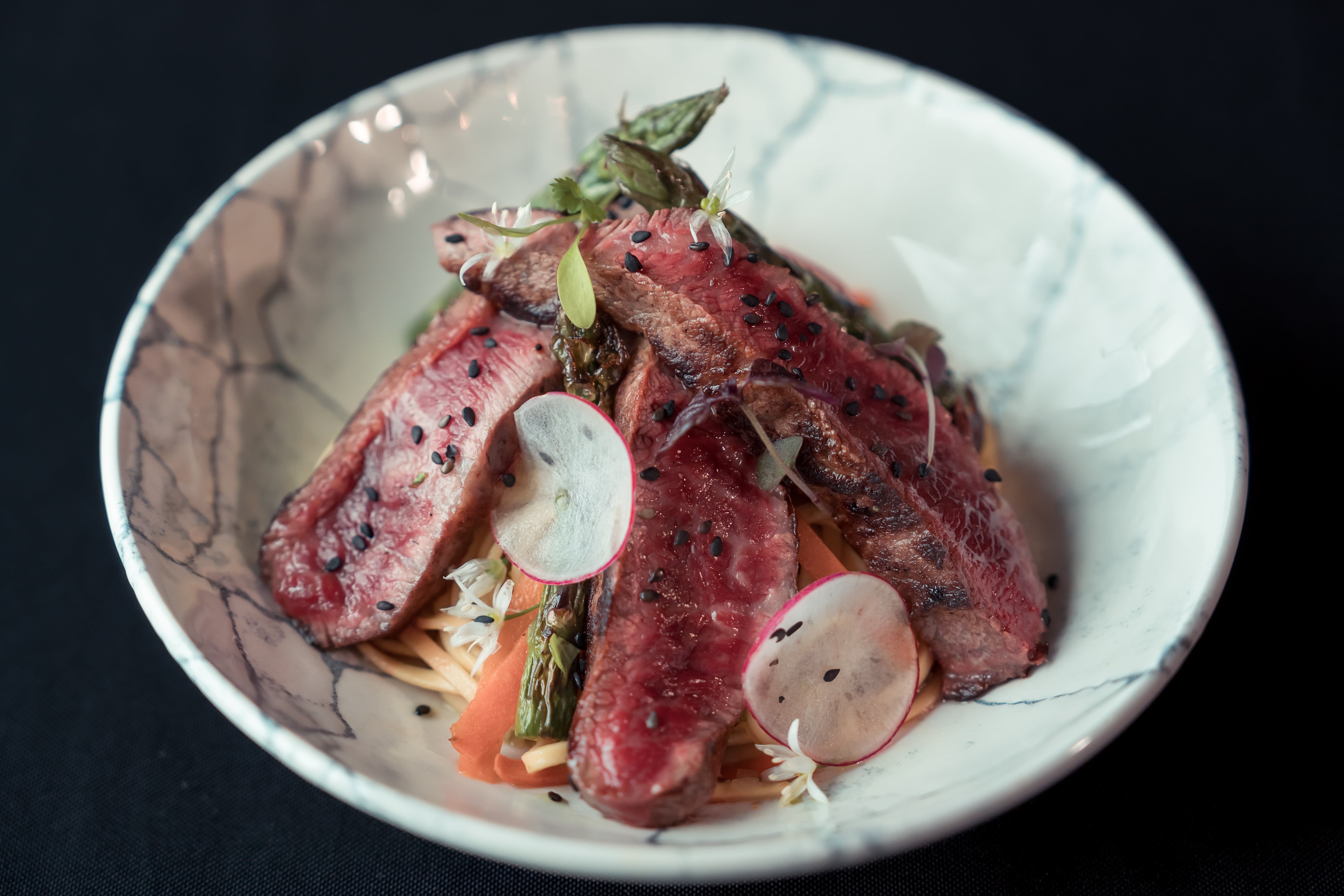 Flat Iron Steak, Warm Asian Salad, Soy and Ginger Dressing
