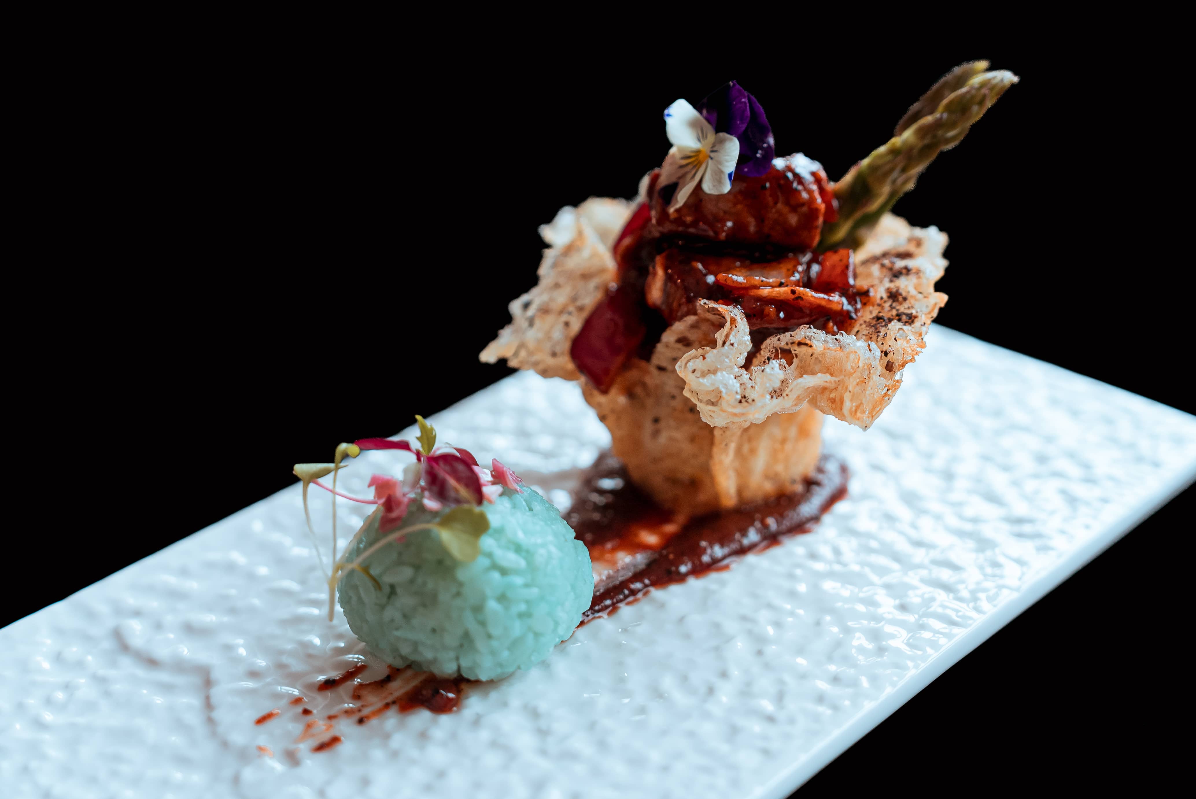 Sarawak Sirloin, Blue Pea Rice, Crispy Dough & Poached Asparagus