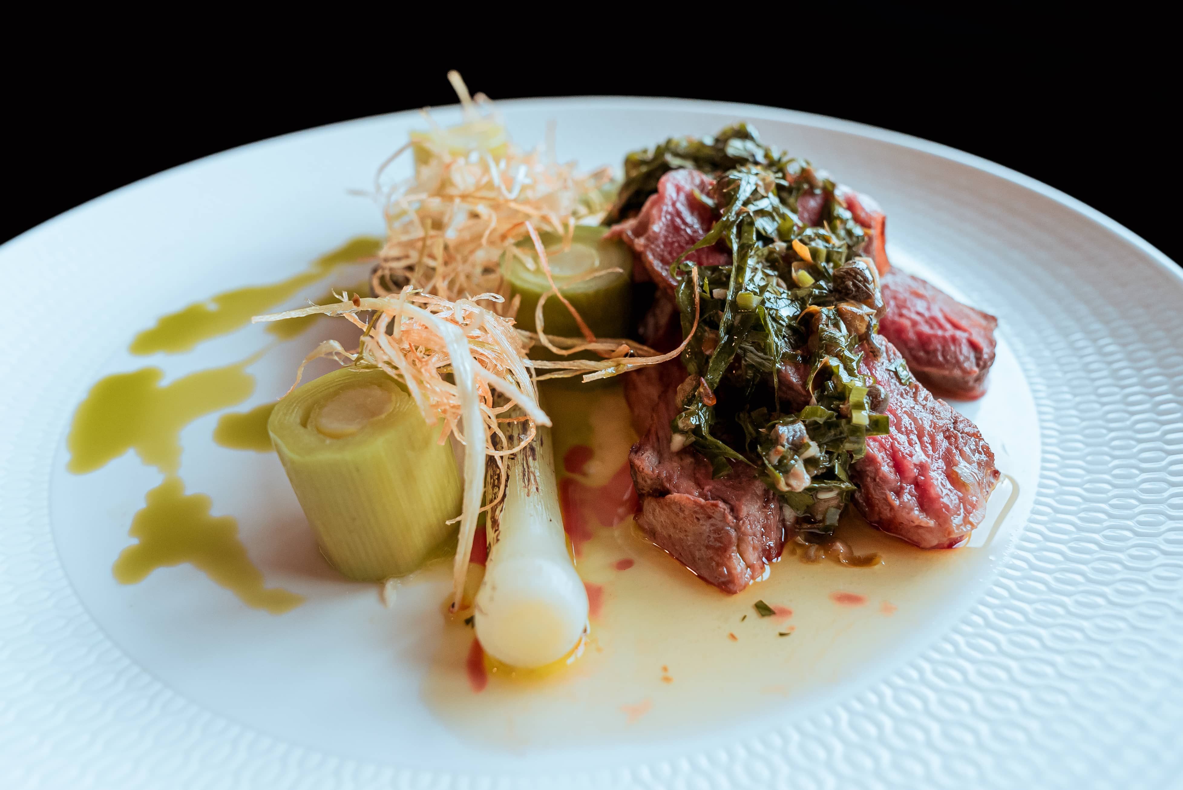 Seared Aussie Beef Ribeye with Baby Leek, Celeriac Puree & Salsa Verde