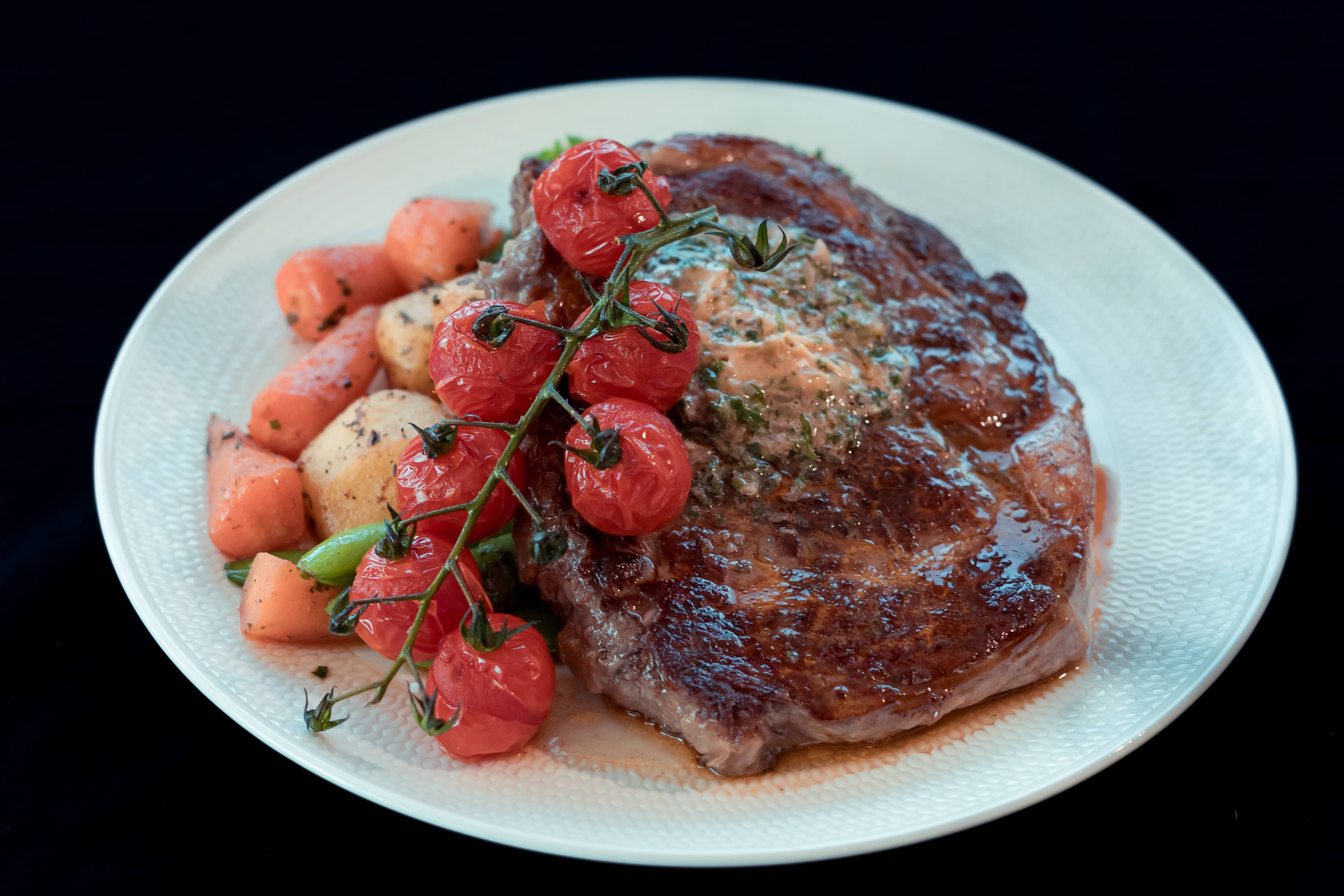 Aussie Ribeye Steak with Café De Paris Butter & Roasted Vegetables
