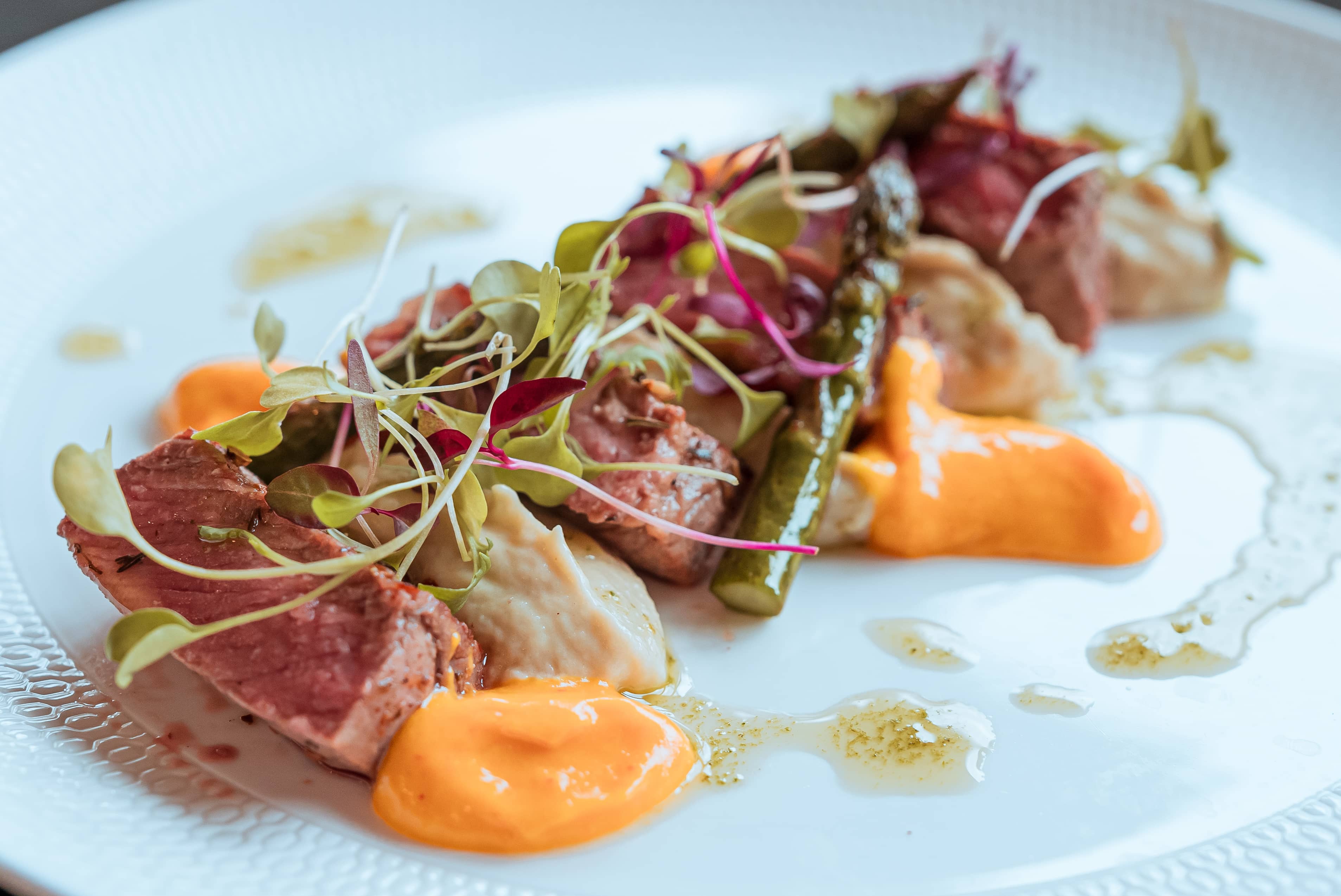 Aussie Beef Sirloin, Asparagus, Aubergine Puree & Amba Sauce